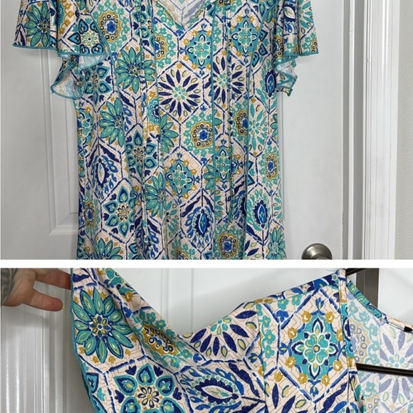 Women’s Floral Tile Patterned Dress in Blue and Yellow - Picture 2 of 3